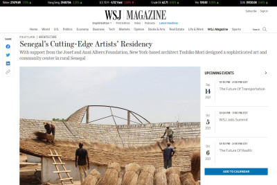 Screenshot of an article from the Wall Street Journal, featuring an image of Senegalese men installing a thatch roof on a bamboo framework, and subtitle that reads: “With Support from the Josef and Anni Albers Foundation, New York-based architect Toshiko Mori designed a sophisticated art and community center in rural Senegal”.